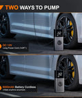 Hella Fast Cordless Tire Inflator Packed With Rechargeable Battery And Dual Power Supply For Cars Trucks And Suv Up To 150 Psi Portable Air Compressor, showing DC 12V and cordless options.