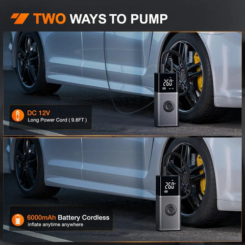 Hella Fast Cordless Tire Inflator Packed With Rechargeable Battery And Dual Power Supply For Cars Trucks And Suv Up To 150 Psi Portable Air Compressor, showing DC 12V and cordless options.