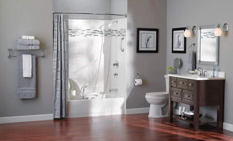 Bathroom with Eva Collection Brushed Nickel 26 Inch Wide Hotel Style Towel Shelf Wall Mounted Towel Rack for easy install