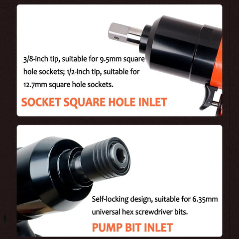 Heavy-Duty Pneumatic Pulse Torque Wrench, Pistol Grip Air Impact Driver showing 3/8-inch and 1/2-inch socket inlets for various fittings.