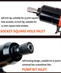 Heavy Hitting Workhorse Pistol Grip Pneumatic Pulse Torque Wrench Featuring Knockout Power And Quick Swap Self Locking Chuck With Forward Reverse Switch Quarter Inch Air Input For Garage Crews socket and pump bit inlets close-up showing compatibility for various socket types.