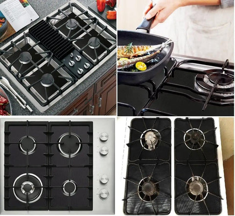 Collage of gas stove tops with Gas Stove Burner Covers 8 Pack Nonstick Reusable Double Thickness 0.2mm Protective Liners visible