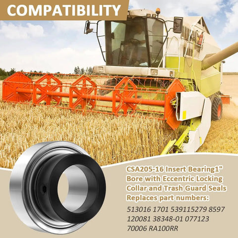 CSA205-16 Insert Bearing With Eccentric Locking Collar And Trash Guard Seals, 1 Inch Bore, 52mm OD, 31mm Wide, Pre-Filled NLGI-2 Grease, Heavy-Duty Farm Machinery Replacement Bearing on combine harvester