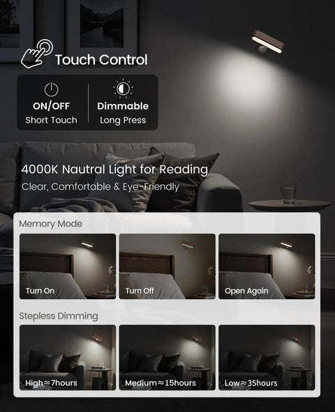 Legit Rechargeable Solid Wood Wall Sconces, Set Of Two Magnetic Bedside Reading Lights with touch control and dimming options.