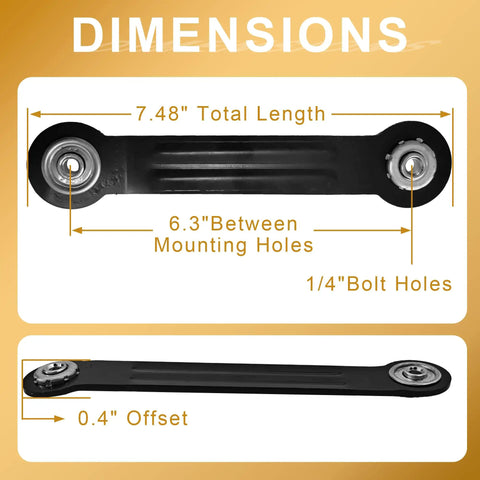 Four Pack Glider Bearing Arm Bracket Hardware for Rocker Replacement Parts, 7.48 Inch Length, 6.3 Inch Center to Center Mounting Hole Distance, One Quarter Inch Bolt Hole, Black Galvanized Finish, Easy DIY Install dimensions with 7.48in length and 6.3in mounting holes