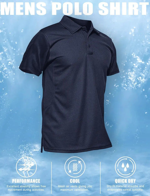Men's Navy Polo Shirt Short Sleeve Hike Ready and Hunt Ready, Quick-Dry Polyester Pique, Tactical Style With 3-Button Placket