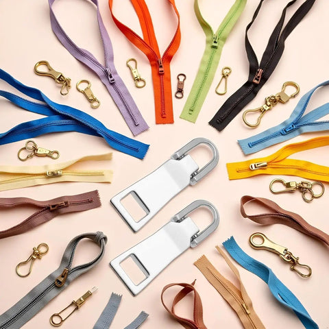Two Pack Zipper Pull Replacement Kit Universal Zipper Slider Tabs For Luggage Backpacks Jackets Suitcases Coats And Sewing Notions Easy Repair Durable Silver displayed with colorful zippers and pulls