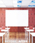 4 Pack Fluorescent Light Covers For Ceiling Panels With Cloud Pattern Backlit Film Material Easy Install Light Filters For Office And School 4x2 Feet White Blue Cloud Design Keeps Glare Low And Your Space Looking Fresh in classroom setting showing before and after installation