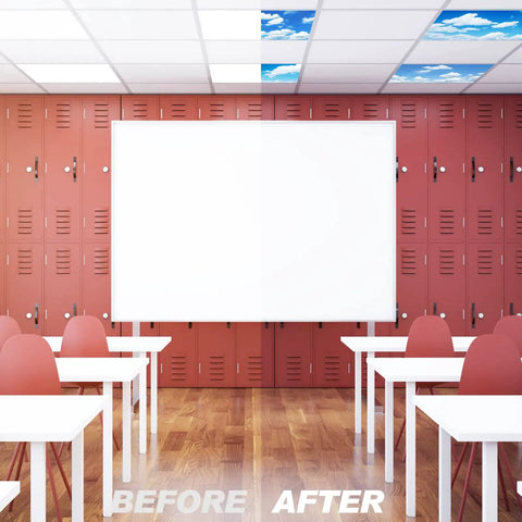 4 Pack Fluorescent Light Covers For Ceiling Panels With Cloud Pattern Backlit Film Material Easy Install Light Filters For Office And School 4x2 Feet White Blue Cloud Design Keeps Glare Low And Your Space Looking Fresh in classroom setting showing before and after installation