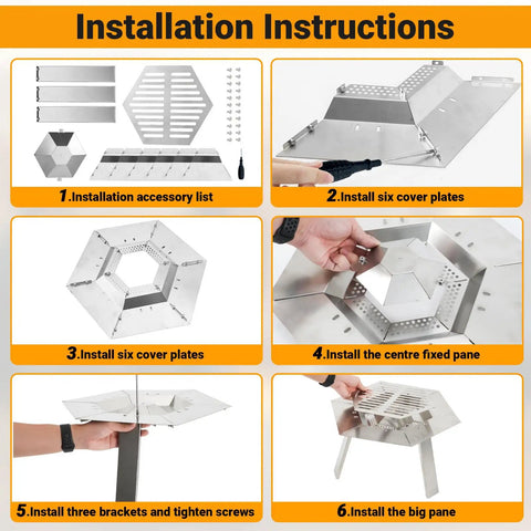 Installation instructions for Dope 19.5 Inch Heat Deflector For Solo Stove with detailed steps and images of stainless steel components.