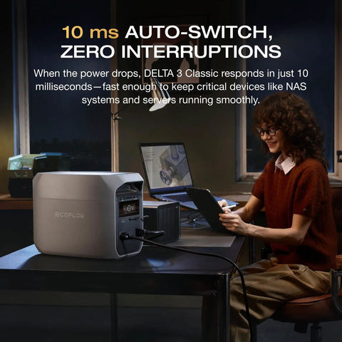 Woman using Go-To Portable Power Station Delta 3 Classic 1024Wh LiFePO4 Battery with laptop at desk