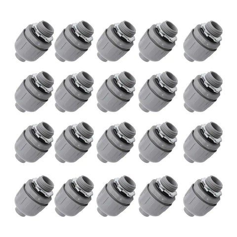 Twenty Pack 12 Inch Npt Liquid Tight Conduit Connectors Made From Heavy Duty Nylon 6 arranged in a grid, showing durable fittings.