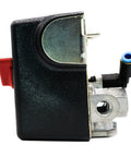 Side view of air compressor pressure switch 125 to 155 psi four port with bleeder built beefy for reliable on off control.