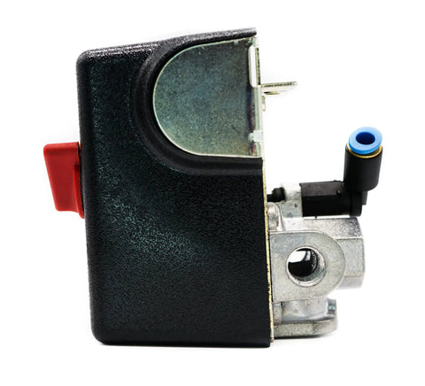 Side view of air compressor pressure switch 125 to 155 psi four port with bleeder built beefy for reliable on off control.