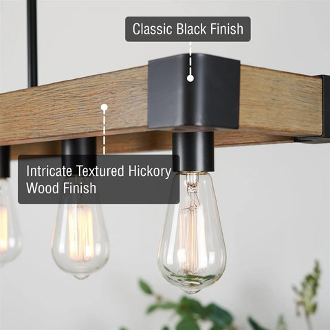 36 Inch Rustic Kitchen Island Light With 5 Lights, linear metal frame, black finish, hickory wood look, close-up of bulb holder