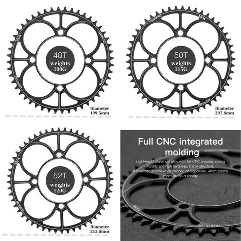 48T, 50T, 52T views of 104BCD CNC Aluminum Narrow Wide Chainring For MTB And Road Bikes, 34T, 32-52T Range, Ultra Light 7075-T6, Anti Drop
