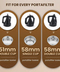 Automatic Electric Portafilter Cleaner With Quick Snap Three Way Mount And Six Liter Reservoir Fits Fifty One And Fifty Eight Millimeter Espresso Baskets No Mess Barista Approved Maintenance For Top Shelf Coffee Rig Zero Grind Leftovers Daily displayed with 51mm and 58mm portafilter baskets.