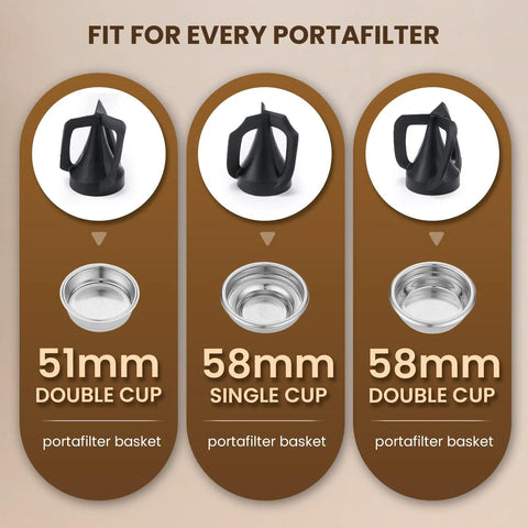 Automatic Electric Portafilter Cleaner With Quick Snap Three Way Mount And Six Liter Reservoir Fits Fifty One And Fifty Eight Millimeter Espresso Baskets No Mess Barista Approved Maintenance For Top Shelf Coffee Rig Zero Grind Leftovers Daily displayed with 51mm and 58mm portafilter baskets.