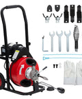 Heavy Duty Electric Drain Cleaner Machine With One Hundred Ft Manganese Steel Sewer Snake Auger And Eight Cutting Heads, red and black.