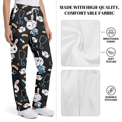 Plus Size Printed Nurse Scrub Pants For Women, machine washable, textured fabric with playful prints and pockets, daily comfort