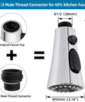 Chrome finish kitchen faucet head replacement with male thread connector, compatible with Kohler Moen Delta faucets.