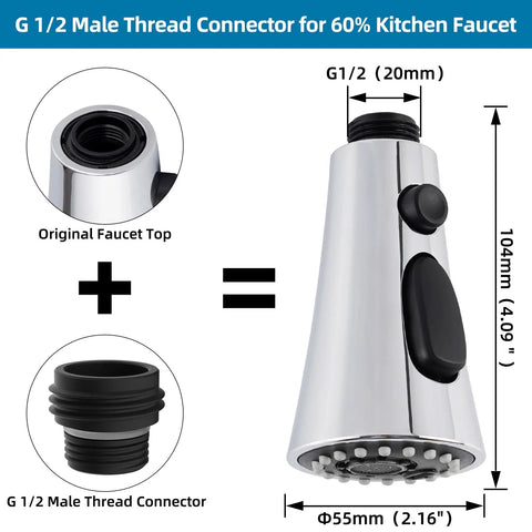 Chrome finish kitchen faucet head replacement with male thread connector, compatible with Kohler Moen Delta faucets.