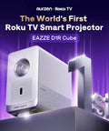 Roku TV Smart Projector With WiFi And Bluetooth, D1R Cube displayed on a podium with futuristic background.