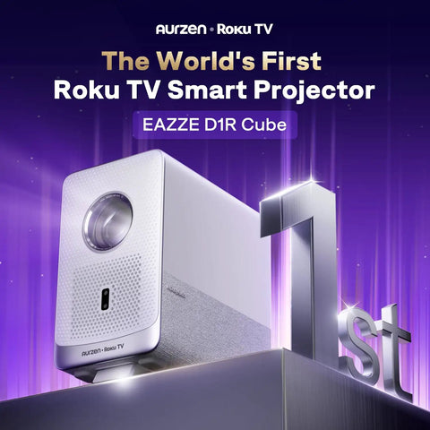 Roku TV Smart Projector With WiFi And Bluetooth, D1R Cube displayed on a podium with futuristic background.
