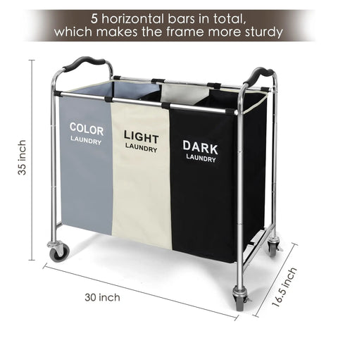 Rolling Laundry Cart With Wheels 240L 3 Section Hamper For Dirty Clothes Towels And Toys Dorm Room Organizer, side view