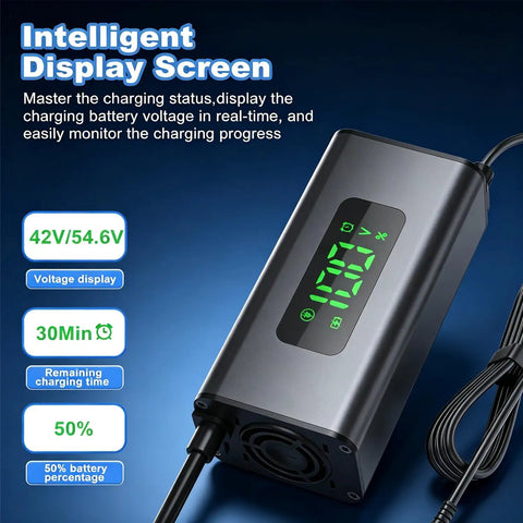 54.6V 2A Electric Scooter Charger With LED Display For Hoverboards And 48V Lithium Batteries showing voltage and charge time