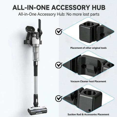 Wall Mount Docking Station For LVAC 200 Cordless Vacuum holding vacuum, accessories; black, stable installation shown.