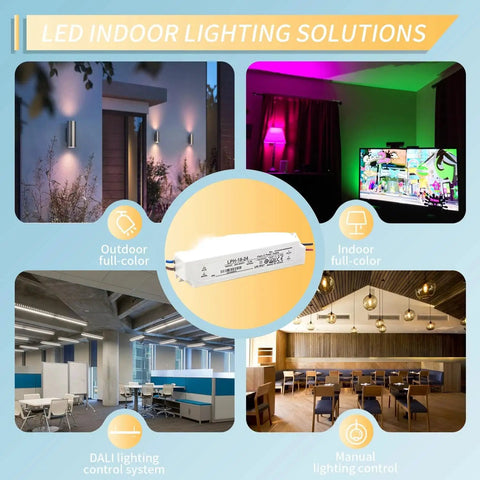 Heavy Duty Ip67 Waterproof Led Driver Power Supply 18W 24V Ac Dc Constant Voltage Transformer shown in indoor and outdoor lighting setups.
