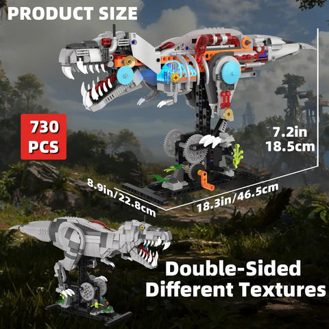 Mechanical T Rex Building Kit With Lights And Rotating Joints Dual Face Display Stand 730 Piece STEM Toy dimensions