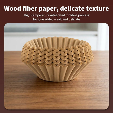 Heavy Duty Unbleached Paper Coffee Filters 100 Count Disposable Basket Style Brew Bags stacked in a bowl, showcasing delicate texture.