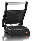 Compact Panini Press And Contact Grill With Floating Top Plate To Make Juicy Sandwiches Quickly in sleek black finish, opened view.