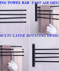 Top view of 4 Arm Swivel Towel Bar Matte Black Stainless Steel SUS 304 Wall Mount Towel Rack showing towel arrangement and rotation