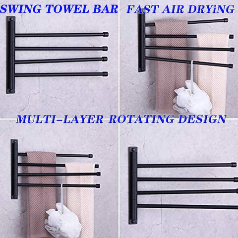 Top view of 4 Arm Swivel Towel Bar Matte Black Stainless Steel SUS 304 Wall Mount Towel Rack showing towel arrangement and rotation
