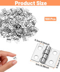 Small Copper Hinges Set 100 Pieces For Jewelry Boxes Dollhouses And Wooden Cabinets 10 By 8 Millimeter Miniature Folding Butt Hinges Durable Silver Finish Great For DIY Crafting Projects showing a pile of hinges, size diagram, and a hand holding a hinge.
