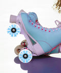 Close-up of roller skate with Luminous Roller Skate Wheels 4 Pack PU Light Up Quad Skates Wheels For Outdoor Skating Durable Wear Resistant Replacement Parts With Blue Glow For Adults