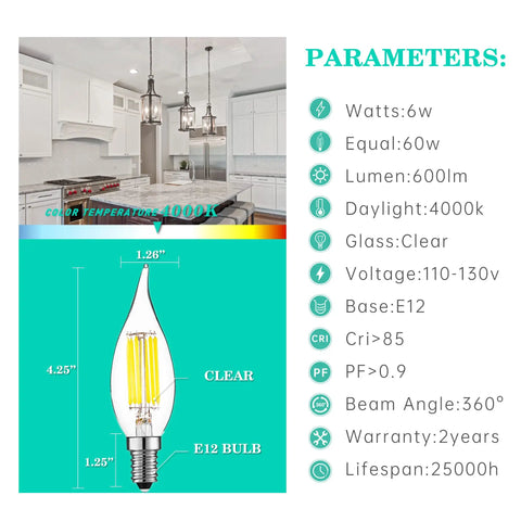 Diagram of 60 Watt Equivalent LED Candelabra Bulb CA10 Candle 4000K Daylight Dimmable Small Base Chandelier Light features.