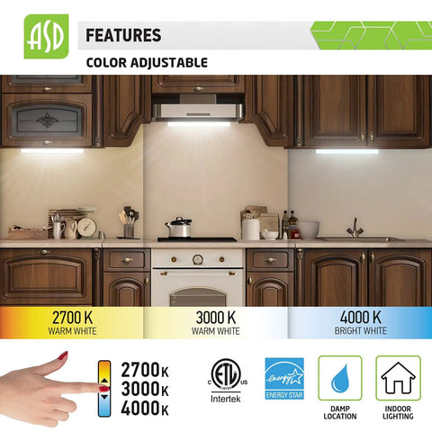 Lit 9 Inch Under Cabinet LED Lights with dimmable brightness in kitchen, 3 color temperatures 2700K 3000K 4000K, ETL and Energy Star certified