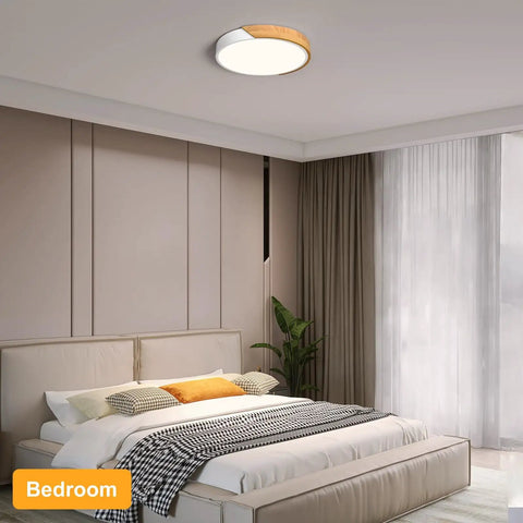 Sleek Modern LED Ceiling Light Fixture With Wood Style Flush Mount Circular Acrylic Lampshade 11.8 Inch installed in bedroom