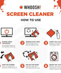 Instruction guide for using Whoosh! screen cleaner with microfiber cloth, detailing six steps for effective cleaning.