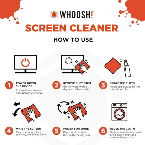 Instruction guide for using Whoosh! screen cleaner with microfiber cloth, detailing six steps for effective cleaning.