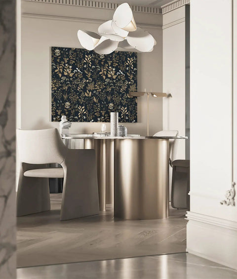Black And Gold Delicate Floral Peel And Stick Wallpaper 236x16.1 Inches Waterproof Vinyl Self Adhesive Removable Wall Covering For Shelves And DIY Friendly Home Decor Vintage Leaf Pattern Roll displayed in modern dining room