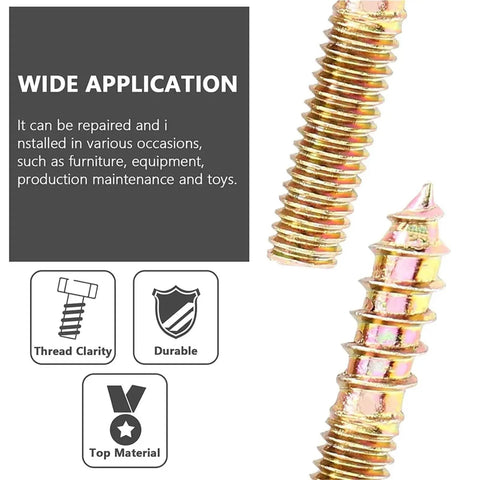 30 Pcs M6 Hanger Bolts Double Ended Yellow Zinc Plated Dowel Screws for wood furniture with durability icons displayed