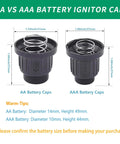 Comparison of AA vs AAA battery igniter caps with measurements and springs for Two Pack AAA Battery Igniter Caps With Push Button Springs.
