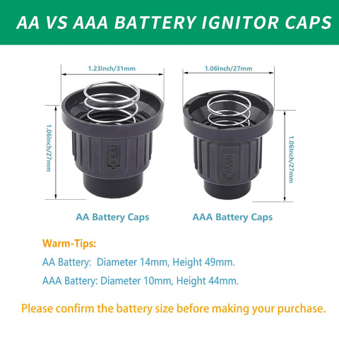 Comparison of AA vs AAA battery igniter caps with measurements and springs for Two Pack AAA Battery Igniter Caps With Push Button Springs.