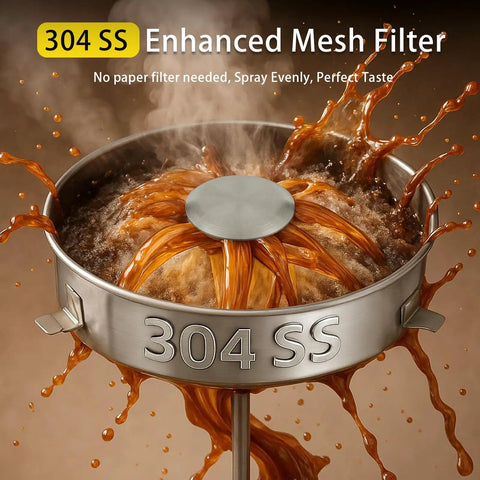 304 SS mesh filter in use, coffee brewing with splashes, part of 100 Cup Commercial Coffee Urn, 20L Double Wall Stainless Steel Coffee Maker