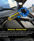 Knuckle Busting 200Cc Fluid Extractor And Fill Hand Pump Manual Oil Change Syringe in use under car hood, showing manual operation.